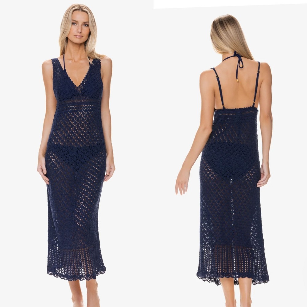 Helen Jon Navy Blue Crochet Maxi Dress Swim Cover Up XS V-Neck Tie Back Boho
